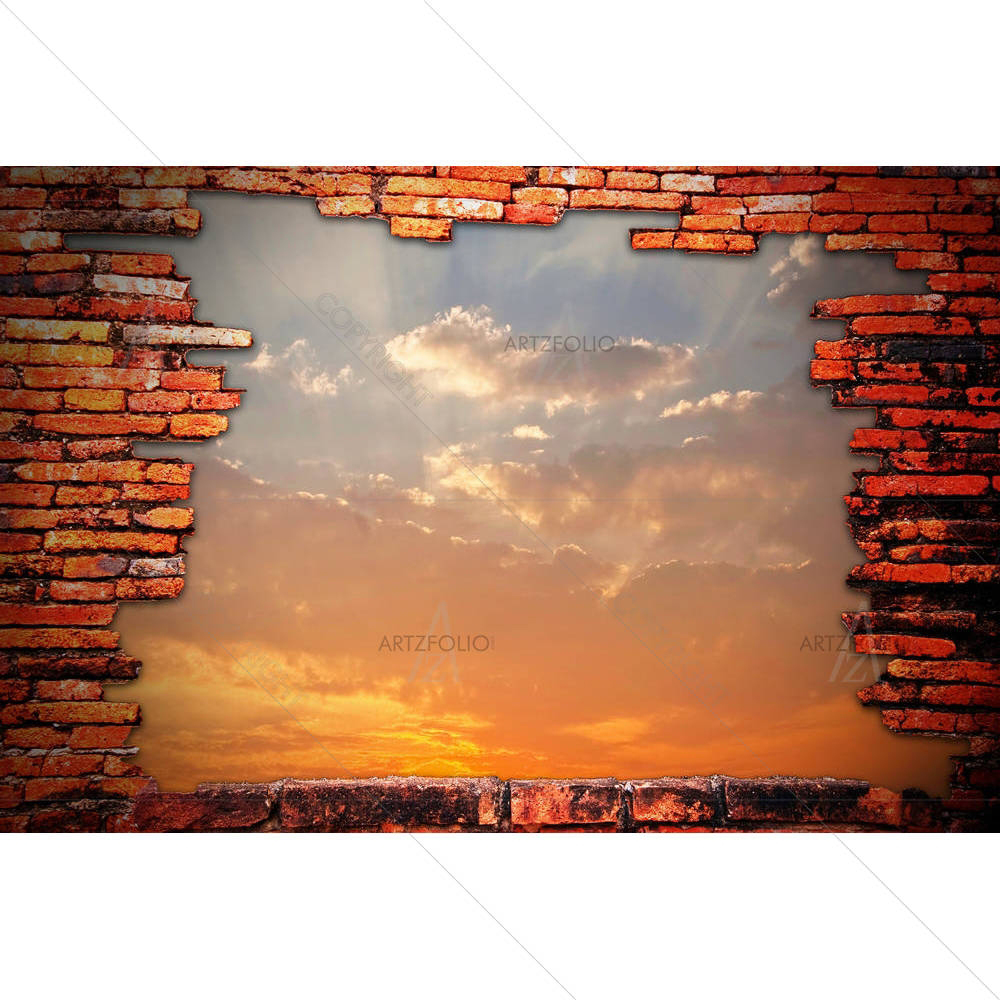 Brick Wall Revealing Sunset Sky — custom-size art design 5000370