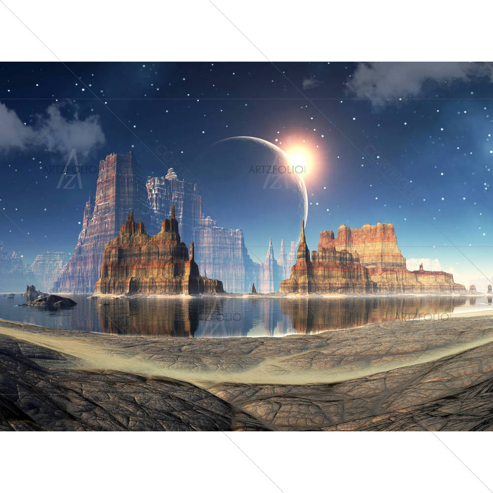 Solar Eclipse Over Alien Lake Landscape — Astronomy custom art by ArtzFolio