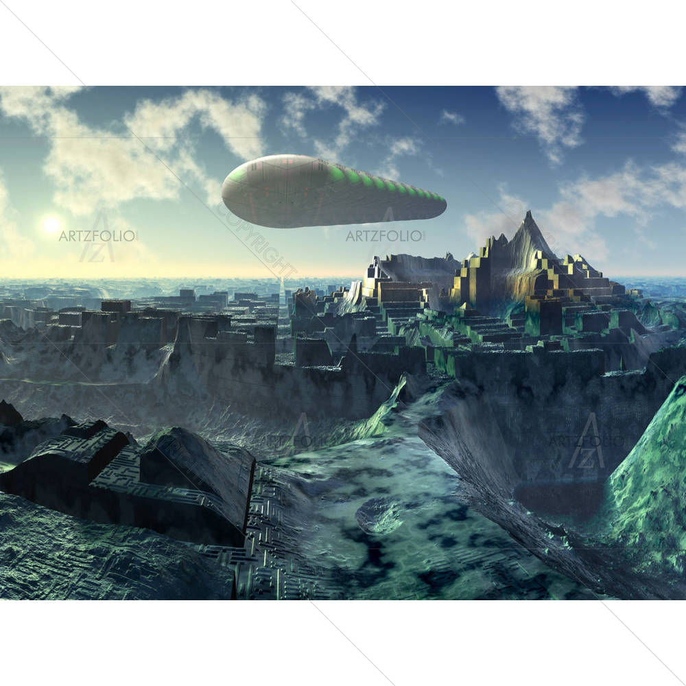 Space Shuttle Over Alien City — Architecture custom art by ArtzFolio