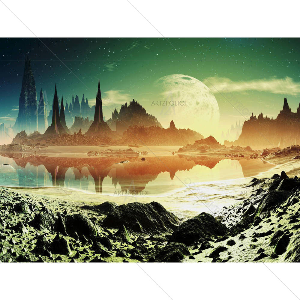 Alien City Ruins Beside The Lake — Architecture custom art by ArtzFolio