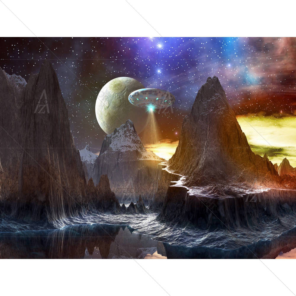 Spaceship Over Mountain Path — custom-size art design 5000498