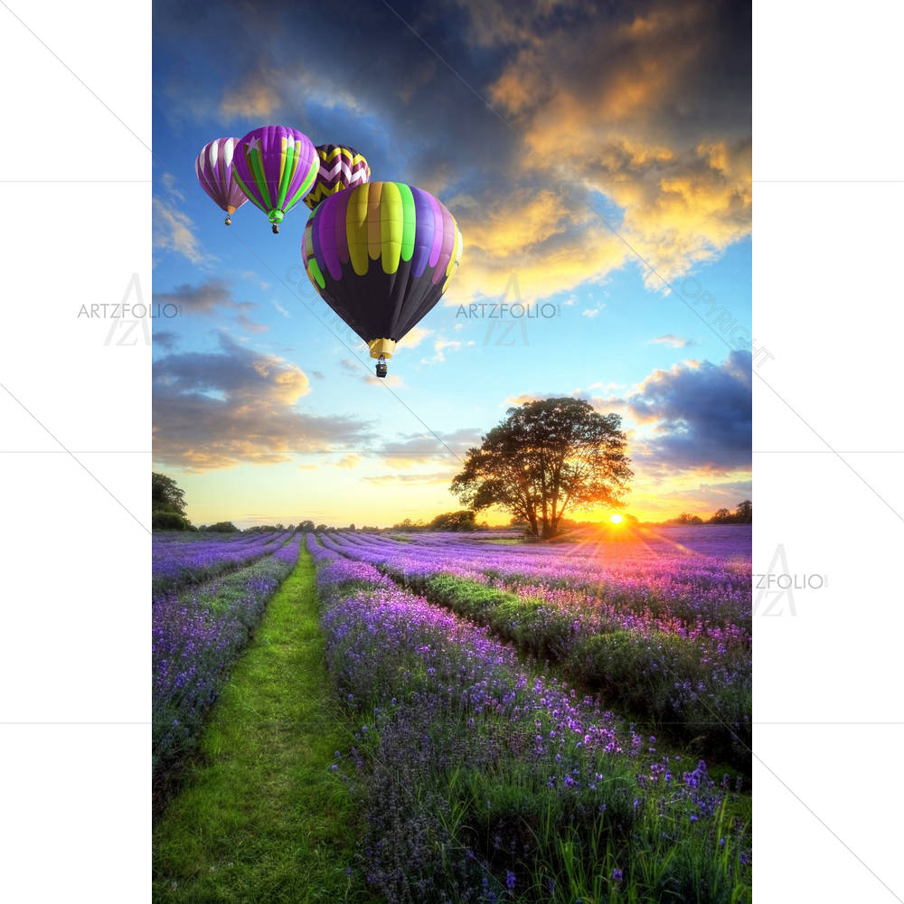 Sunset With Atmospheric Clouds & Hot Air Balloon D2 — custom-size art design 5000547