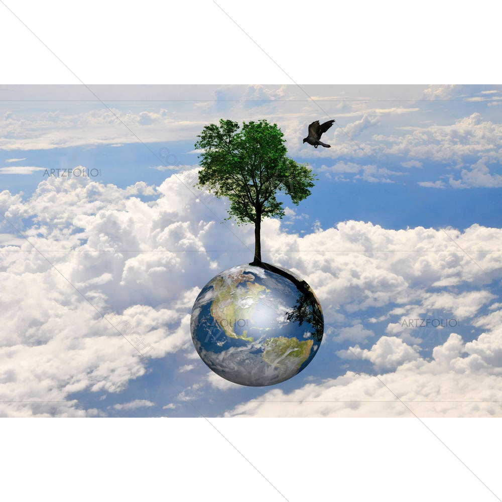 Earth Globe & Lonely Tree With Little Bird — Astronomy custom art by ArtzFolio