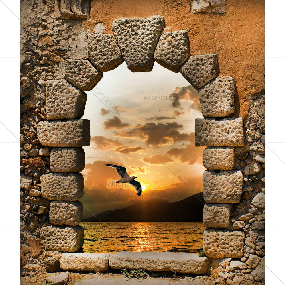 Sunset & Seagull — Fluid marble custom art by ArtzFolio