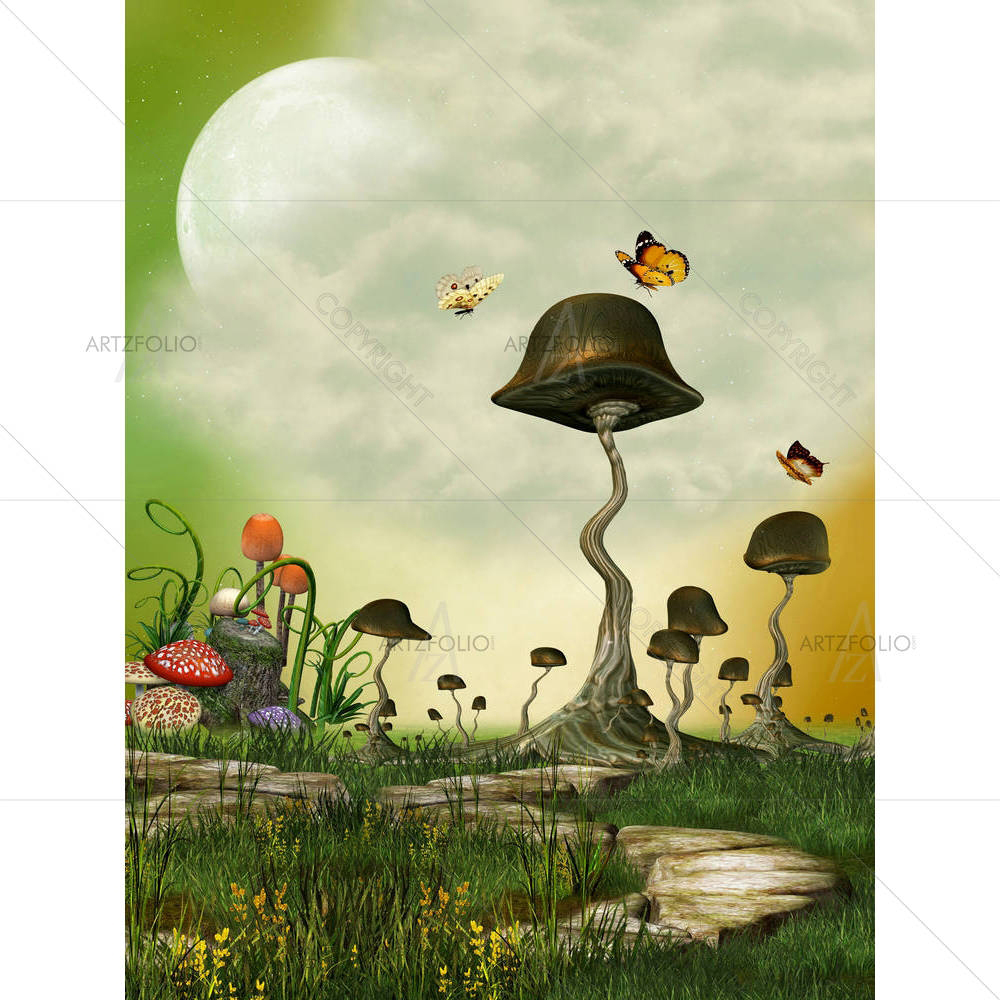Landscape With Butterfly & Mushrooms — Fantasy custom art by ArtzFolio