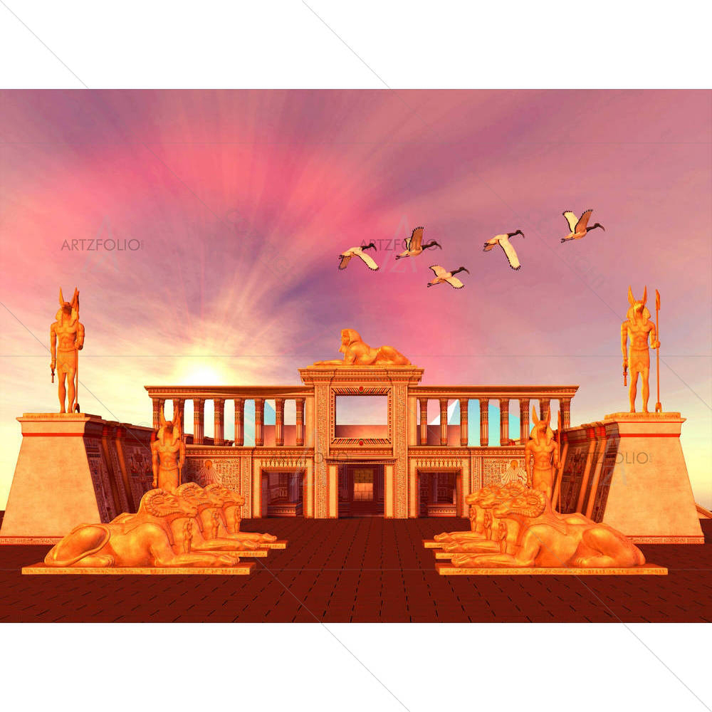 Sacred Ibis Birds Fly Over An Egyptian Palace — custom-size art design 5000639