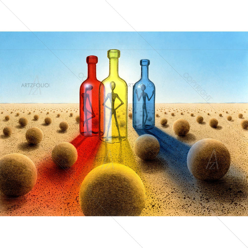 Surreal Art Three Bottles with Alien Like Figures — Fantasy custom art by ArtzFolio
