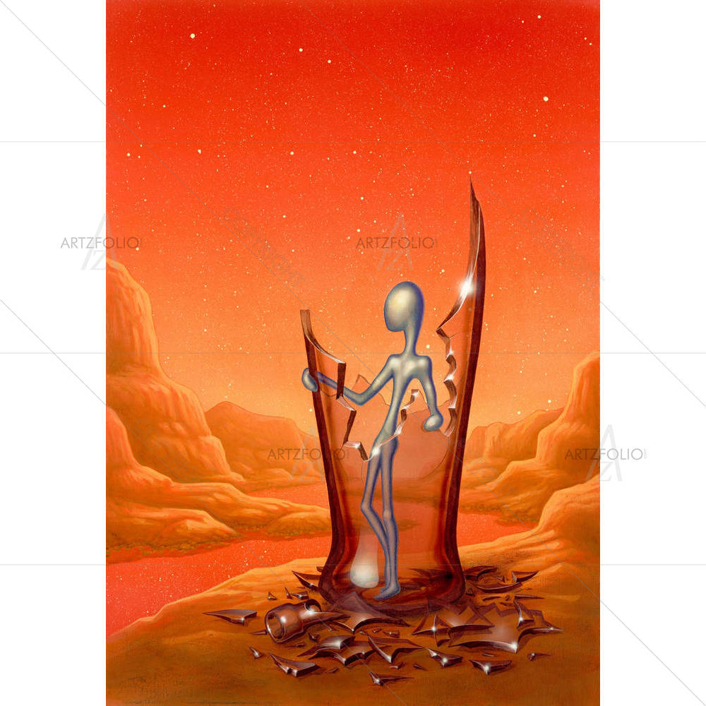 Surreal Alien Figure In A Broken Glass Bottle — Fantasy custom art by ArtzFolio