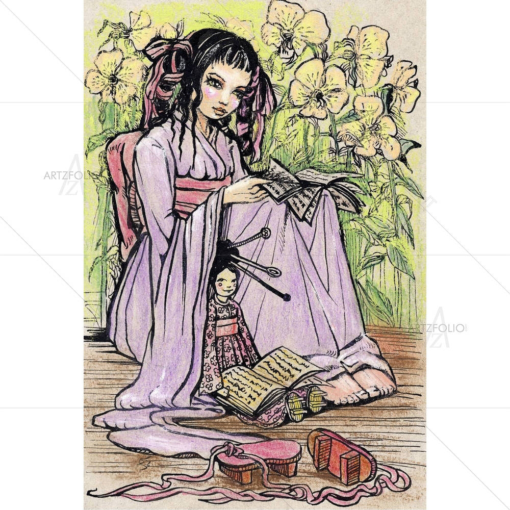 Asian Girl Reading Book To Her Doll — Botanical custom art by ArtzFolio