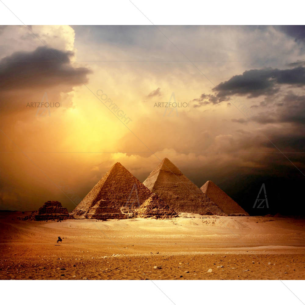 Pyramids In Giza Valley With Yellow Dark Clouds — custom-size art design 5000721