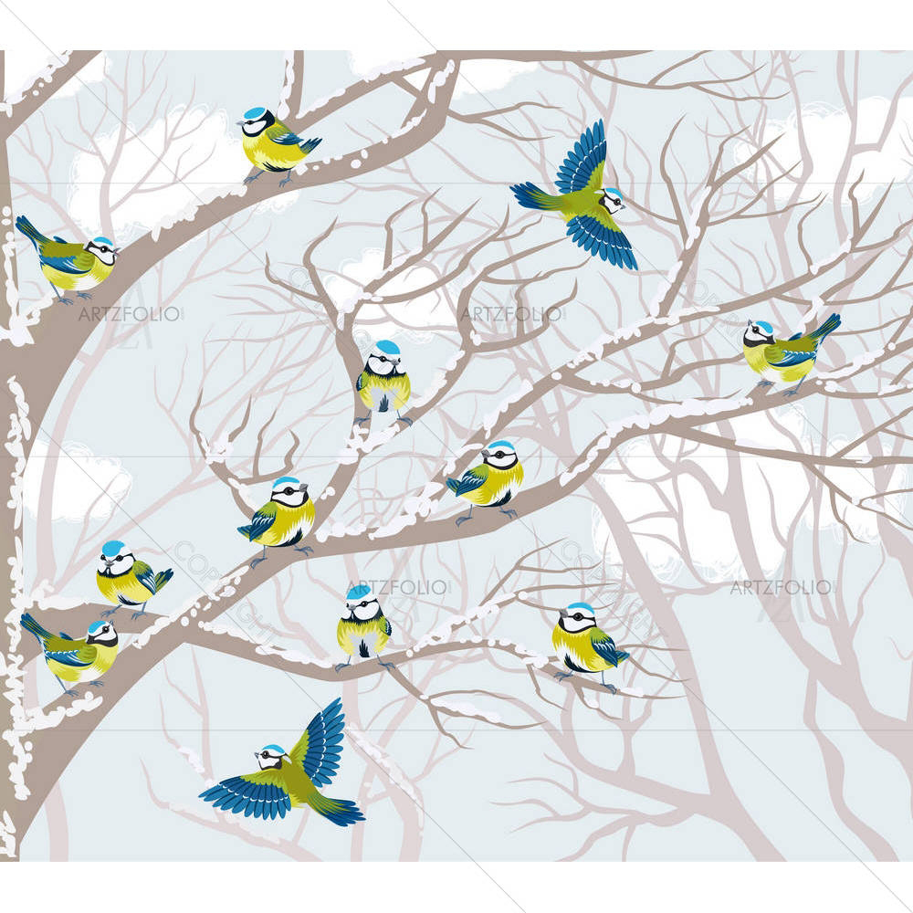 Flock Of Blue Tits Perching On Branches Of Trees — custom-size art design 5000724