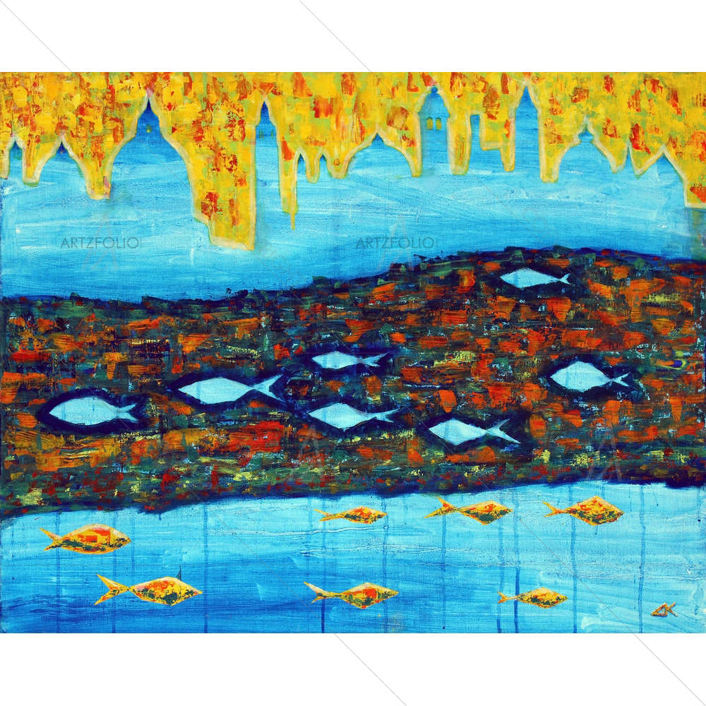 Blue Towers & Fishes — Abstract custom art by ArtzFolio