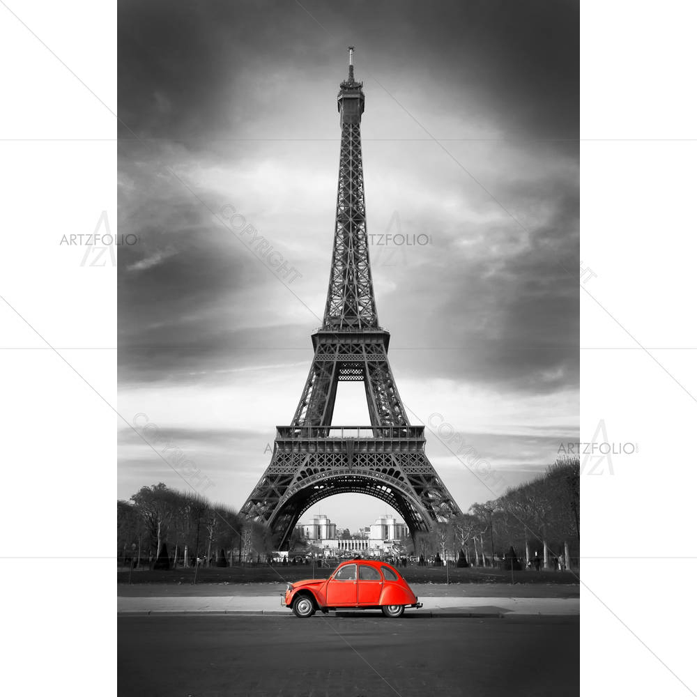 Eiffel Tower & Old Red Car Paris — Ancient custom art by ArtzFolio