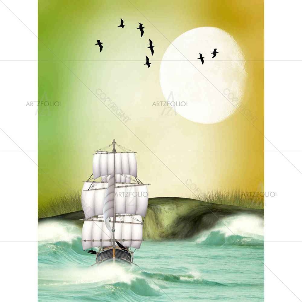 Landscape With Ship & A Big Moon — custom-size art design 5000818