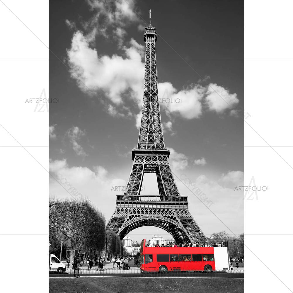 Eiffel Tower With Red Bus In Paris, France — custom-size art design 5000854
