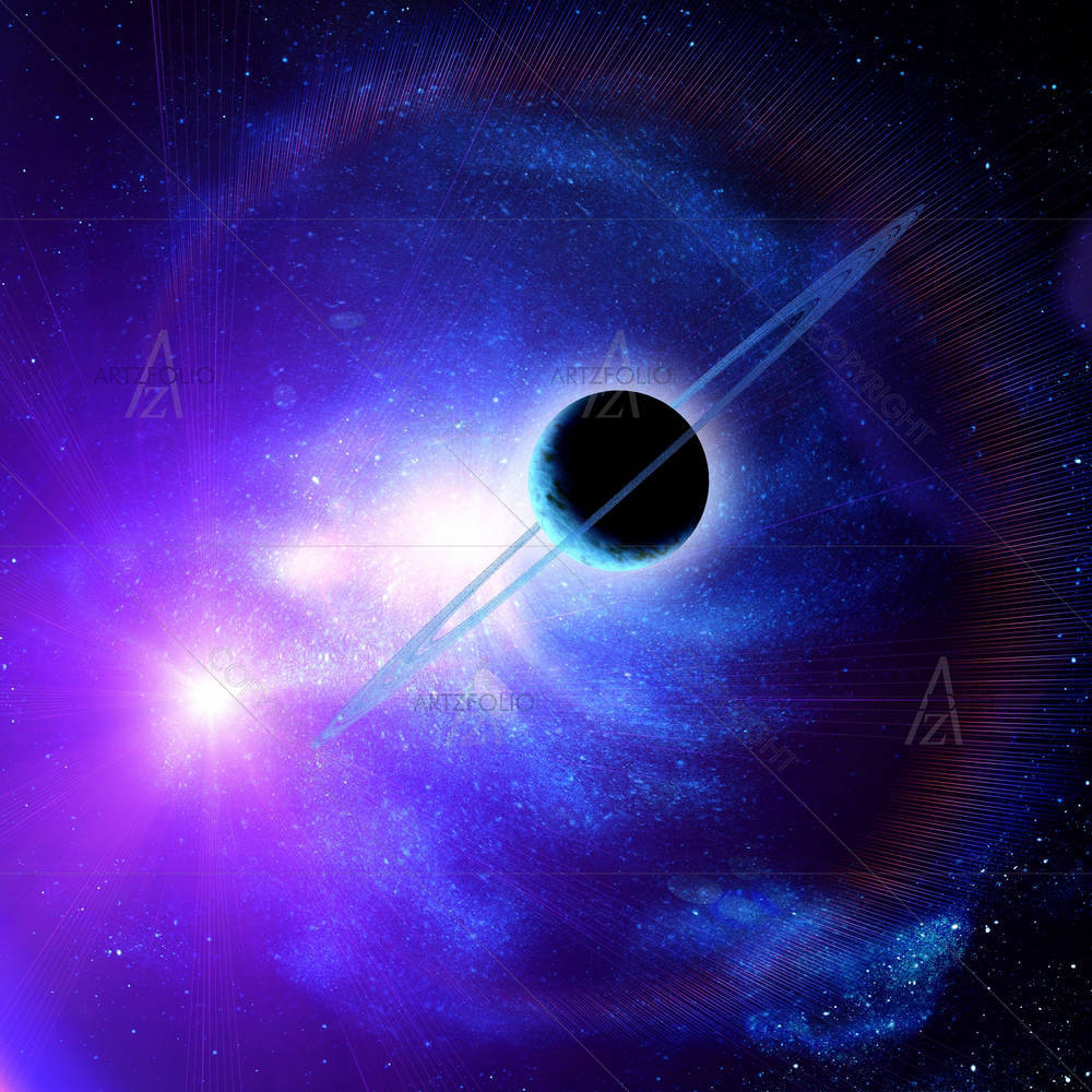 Planet With Rings Against The Sun In Blue Space — custom-size art design 5000936