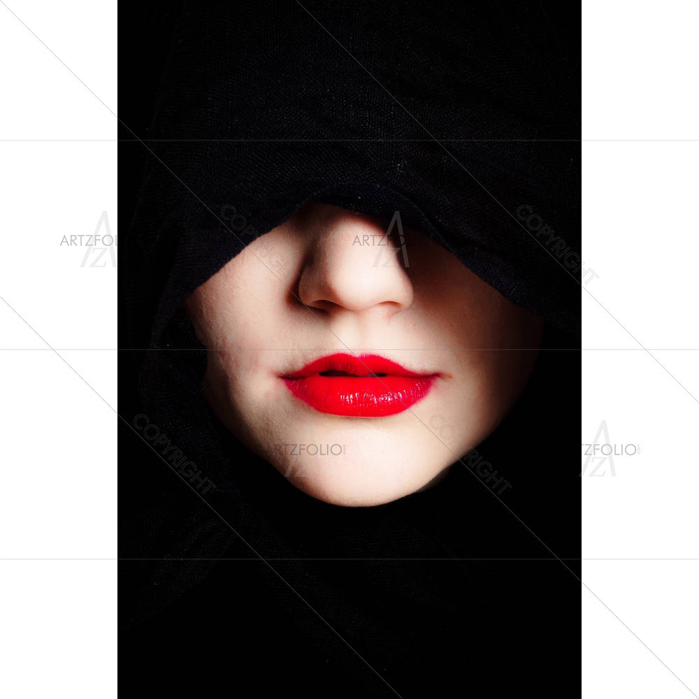 Woman In Black Hood & Red Lips — custom-size art design 5000938