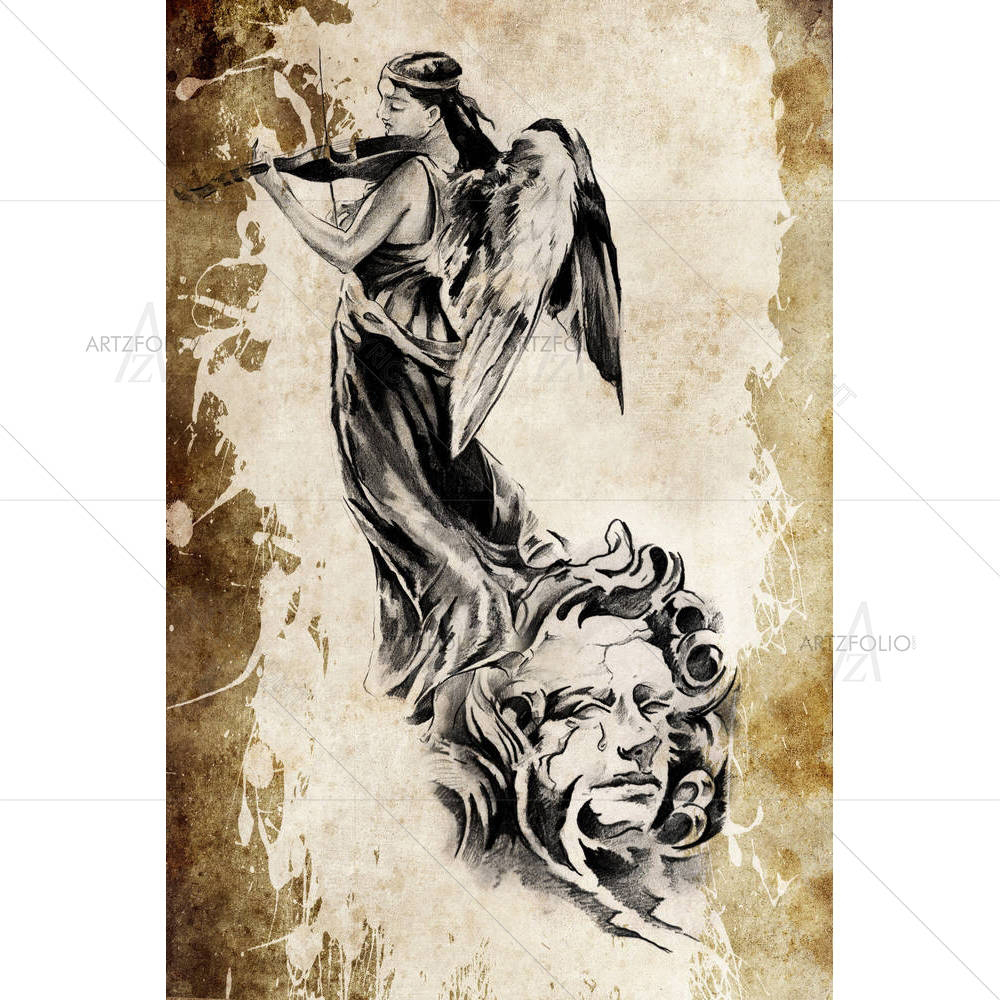 Tattoo Angel Playing The Violins — Botanical custom art by ArtzFolio