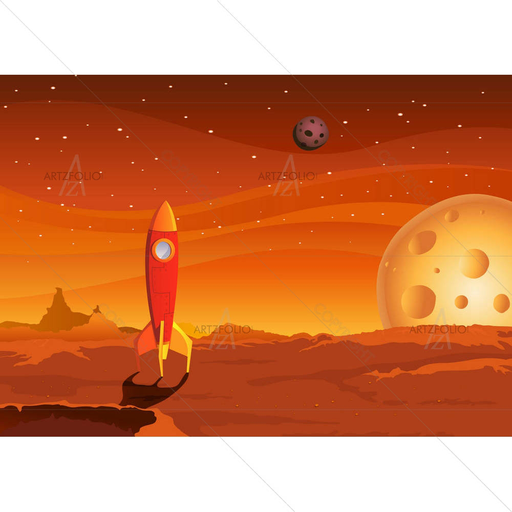 Cartoon Spaceship Landing On Red Desert — Animated Cartoons custom art by ArtzFolio