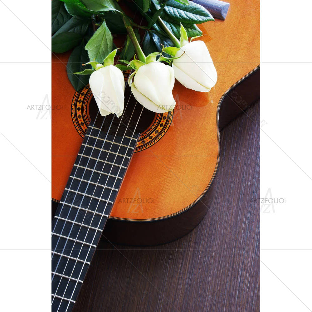 Three White Roses On Guitar — custom-size art design 5001020
