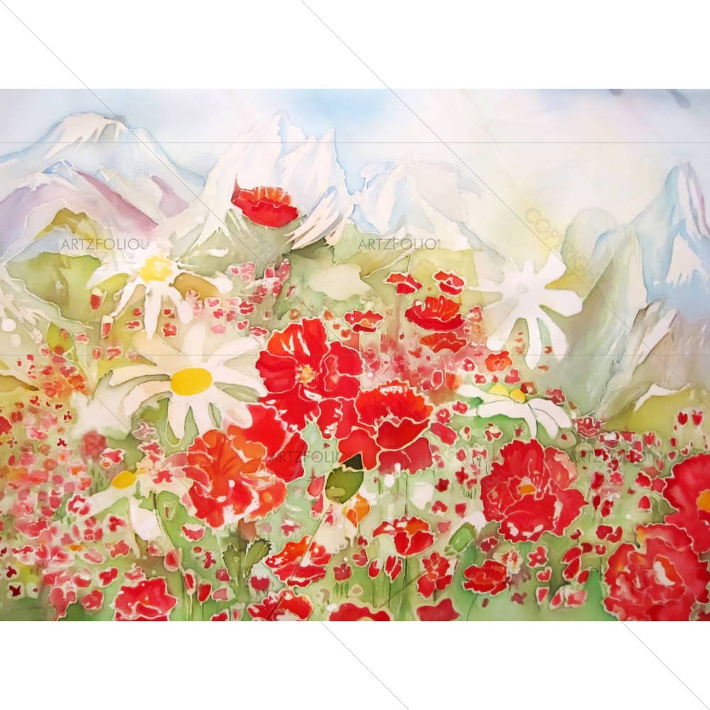 Red Puppy Flowers & White Chamomile — custom-size art design 5001031