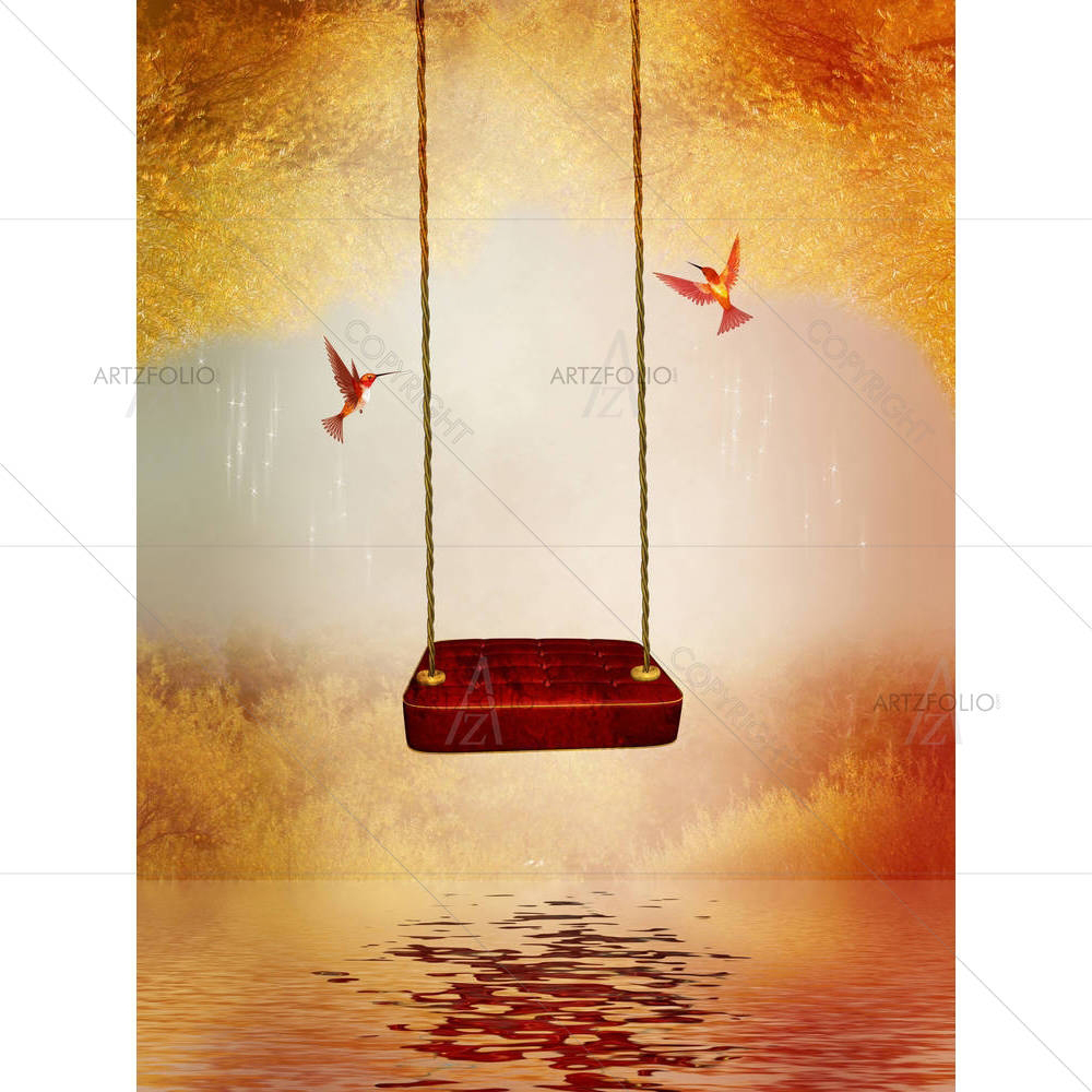 Red Hammock & Hummingbird — Botanical custom art by ArtzFolio