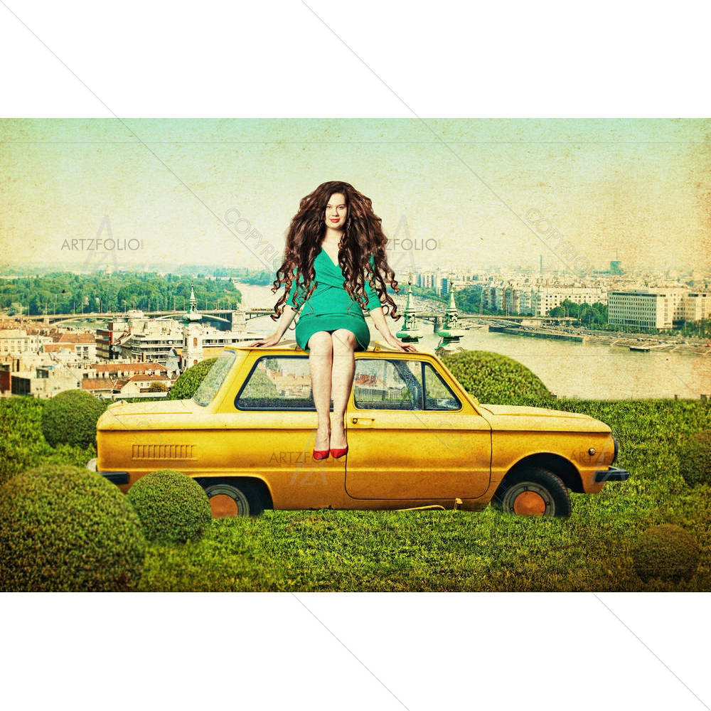 Young Woman On Yellow Car — Ancient custom art by ArtzFolio