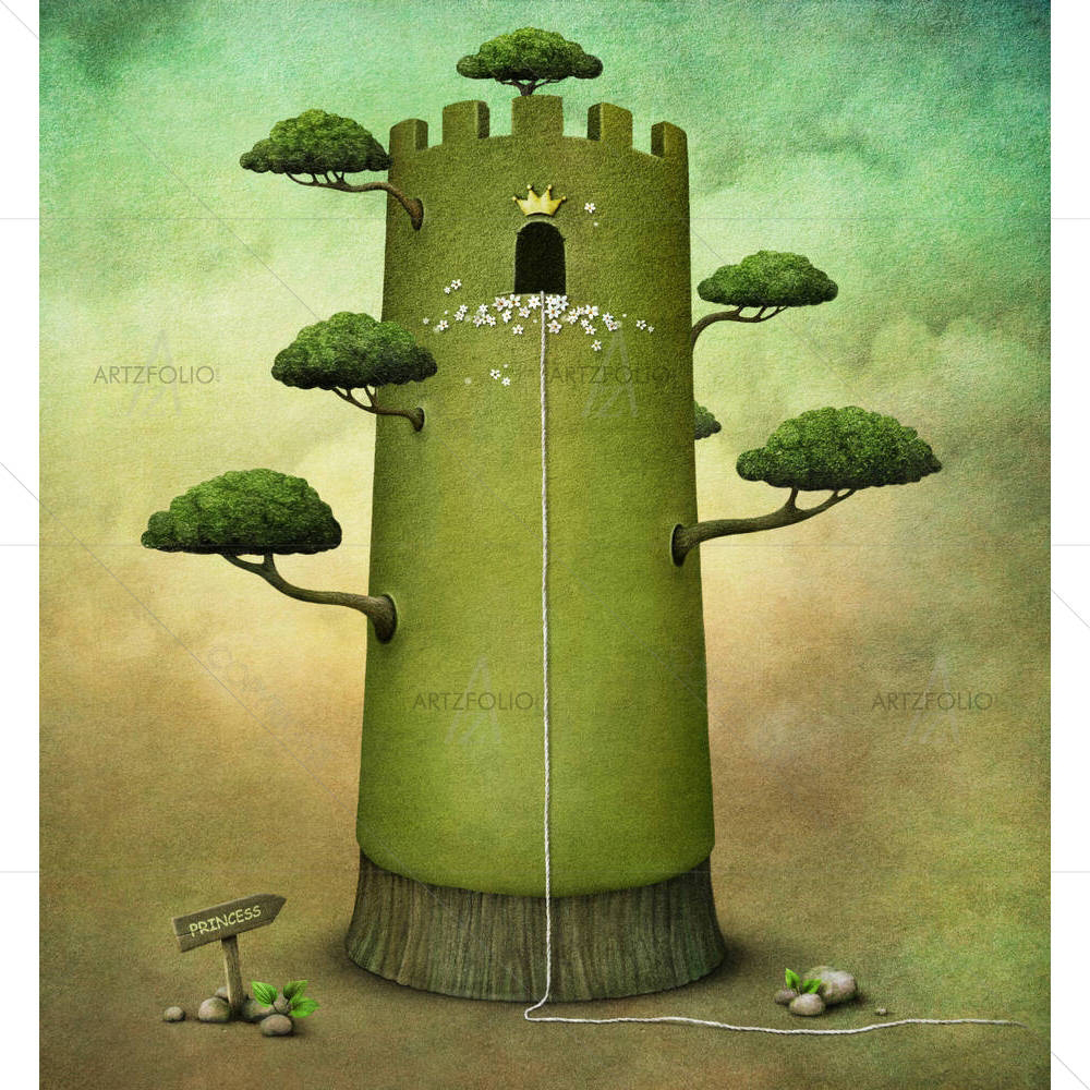 Fairy Tale With Tower & Trees — Fluid marble custom art by ArtzFolio