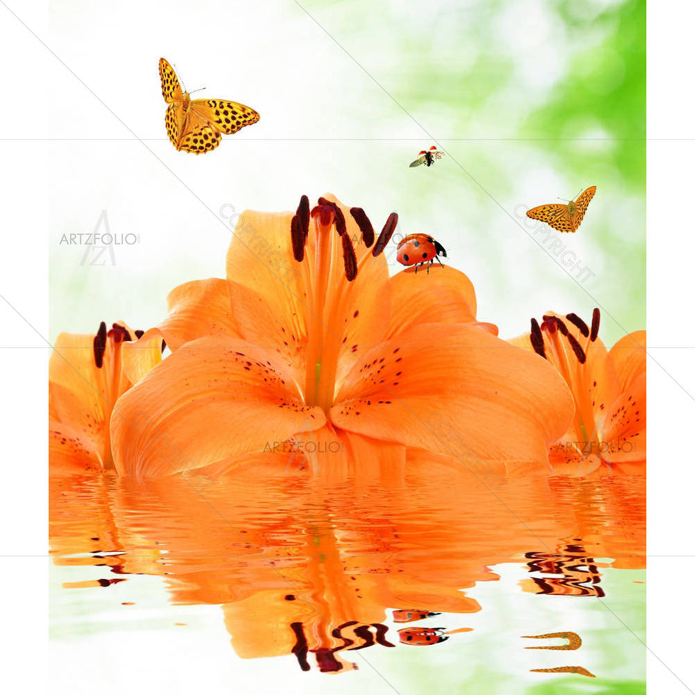 Orange Lily With Butterflies & Ladybugs — Botanical custom art by ArtzFolio