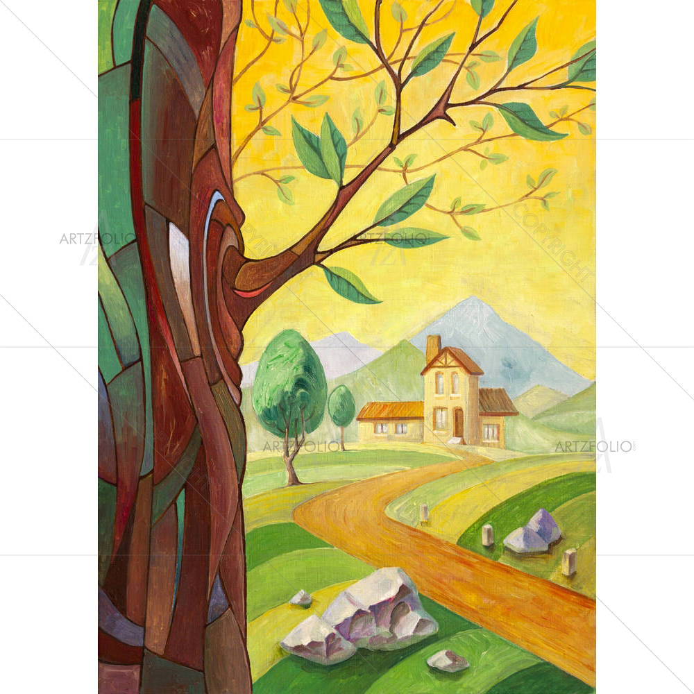 Rural Landscape With The Tree Trunk — custom-size art design 5001267