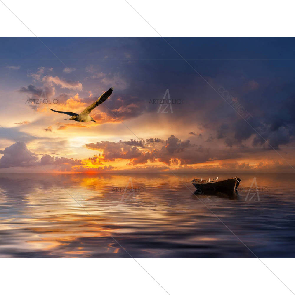 Beautiful Landscape With Lonely Boat — Birds custom art by ArtzFolio
