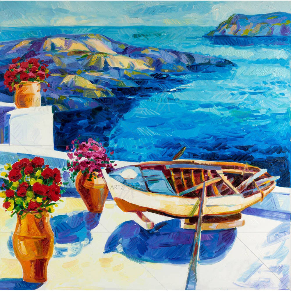 White Houses & Flowers At Santorini Island