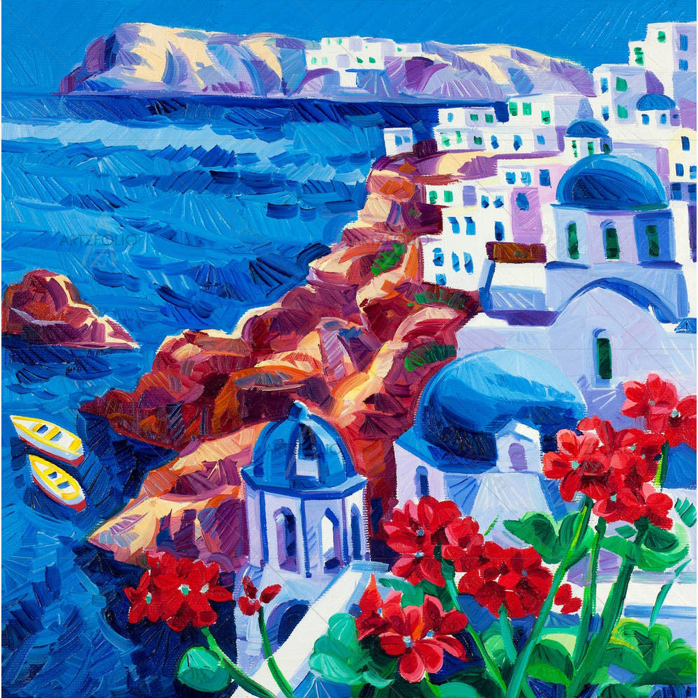 Blue Churches & White Houses At Santorini Island D1 — custom-size art design 5001516