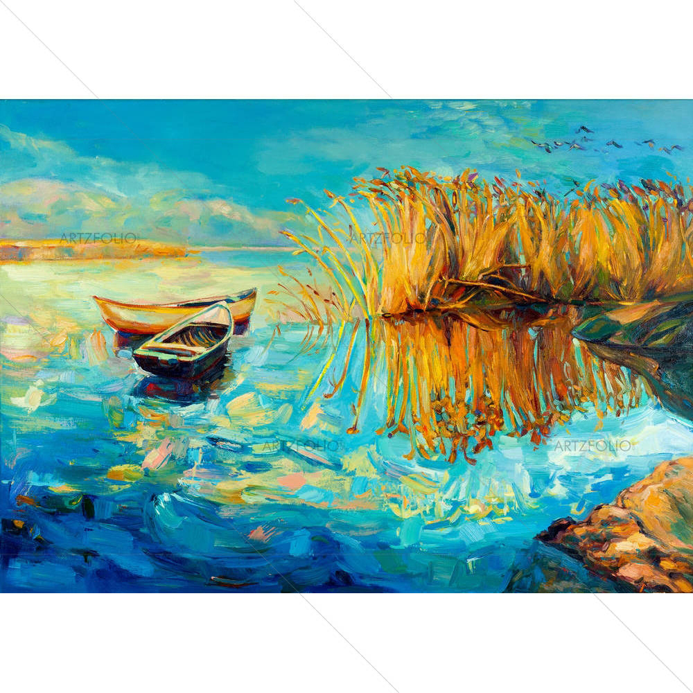 Boats Beautiful Lake & Fern — custom-size art design 5001533