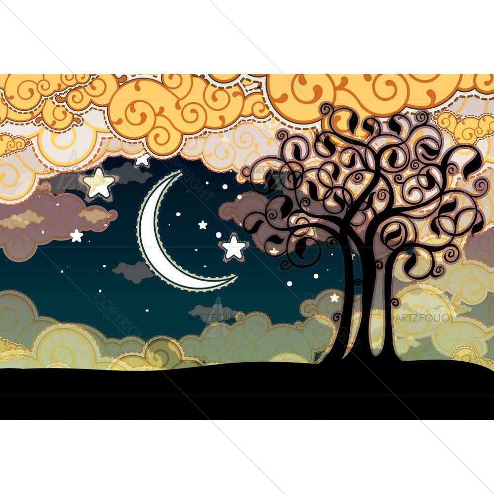 Cartoon Style Landscape With Tree & Moon — custom-size art design 5001631