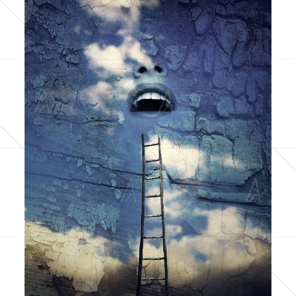 Human Open Mouth In The Sky With A Wooden Ladder — custom-size art design 5001641