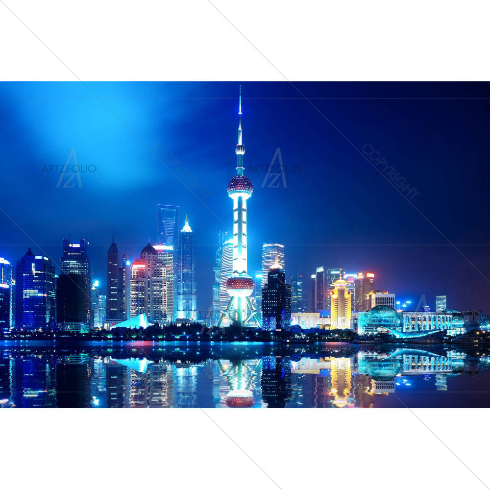 Night Shanghai Skyline With Reflection, China — Abstract custom art by ArtzFolio