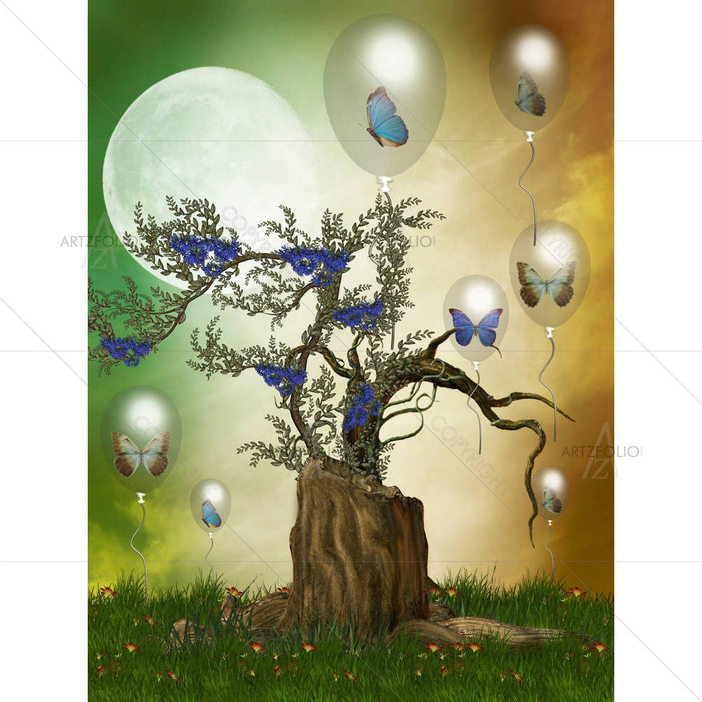 Butterflies In Cristal Balloon In The Garden — custom-size art design 5001659