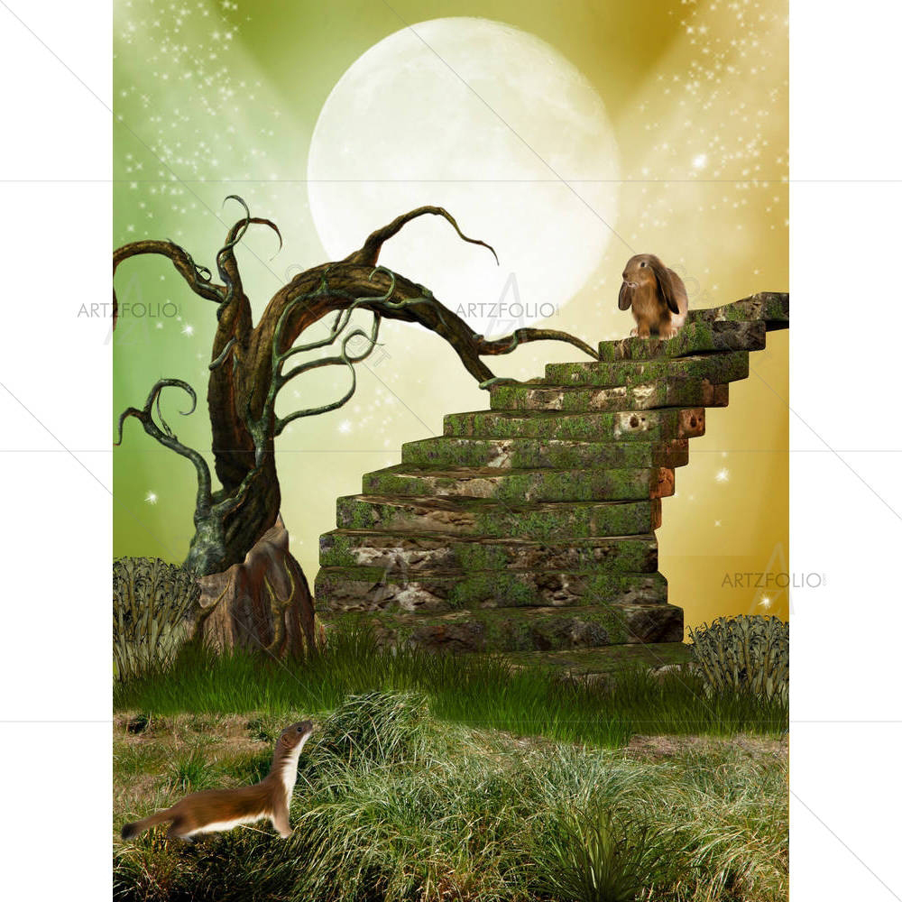 Tree Stairway & Rabbit — custom-size art design 5001660
