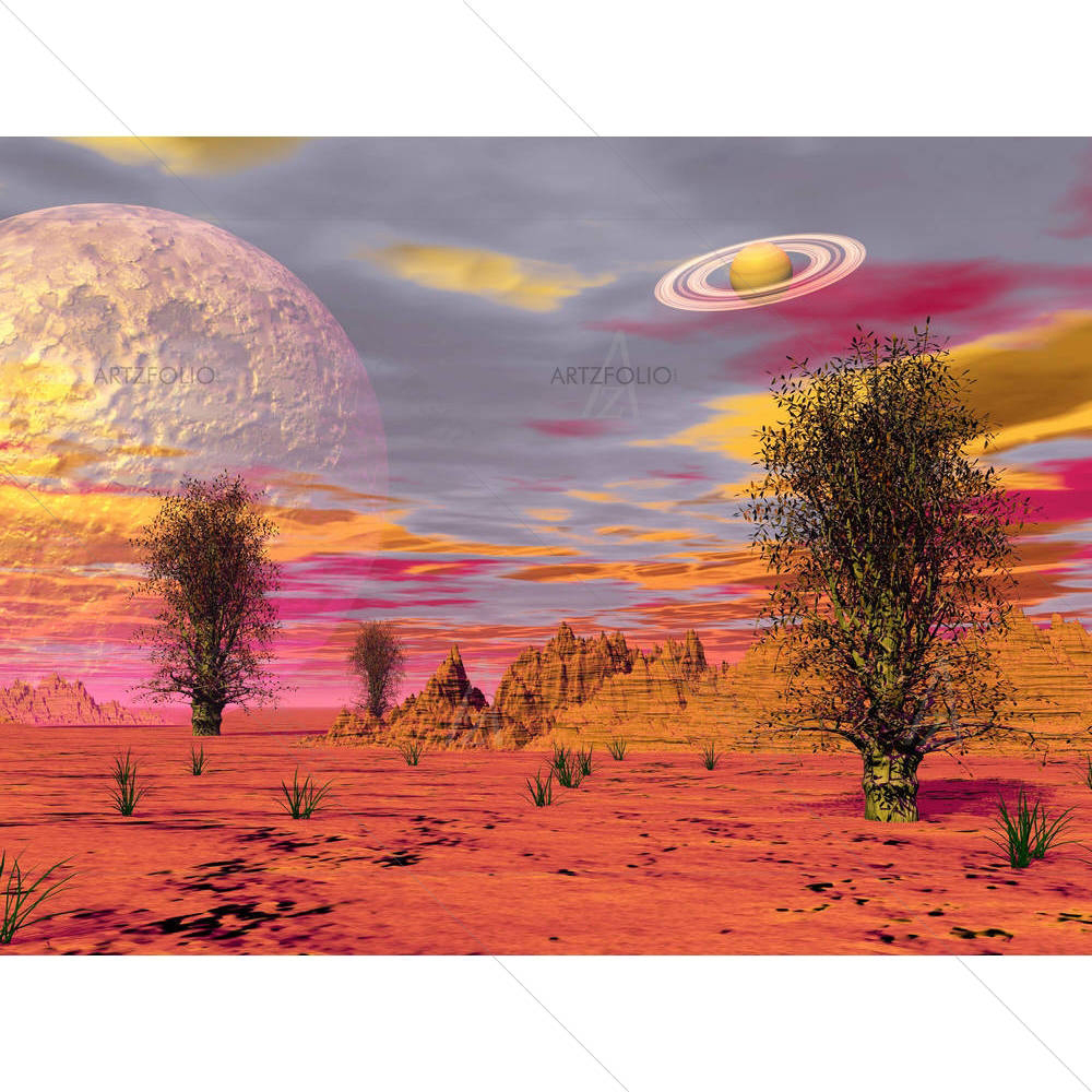 Surreal Landscape With Rock Mountains & Planets — custom-size art design 5001736