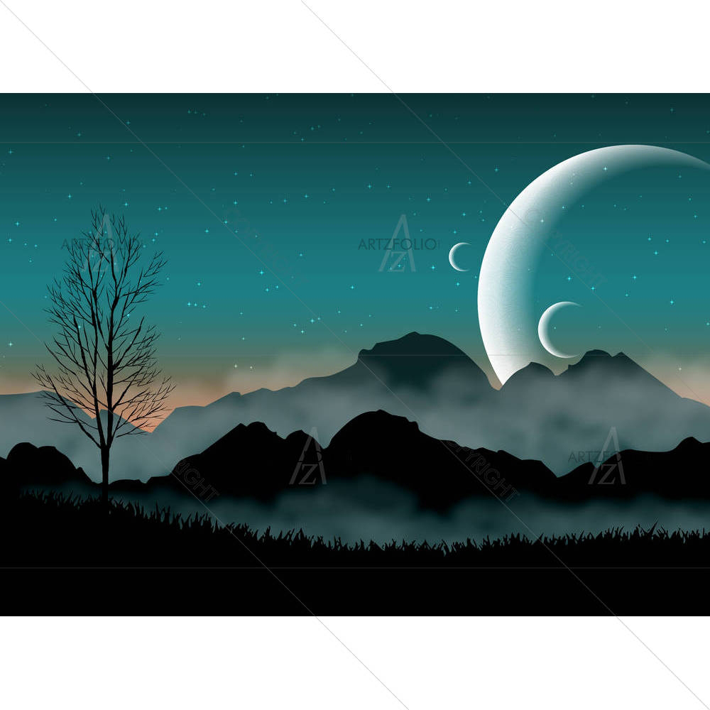 Space Night Sky With Mountains & Close Planets — custom-size art design 5001746