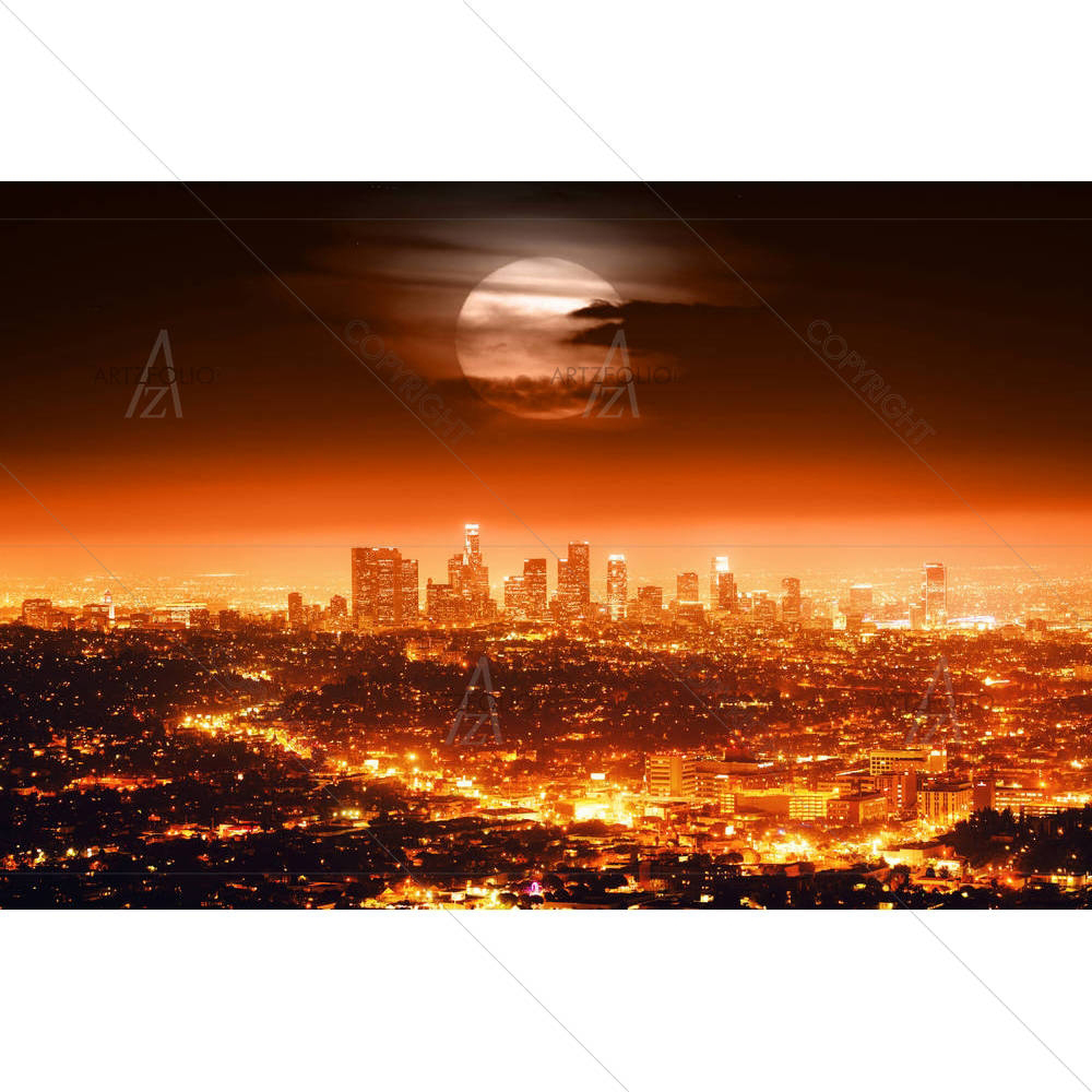 Full Moon Over Los Angeles Skyline At Night, USA — custom-size art design 5001769