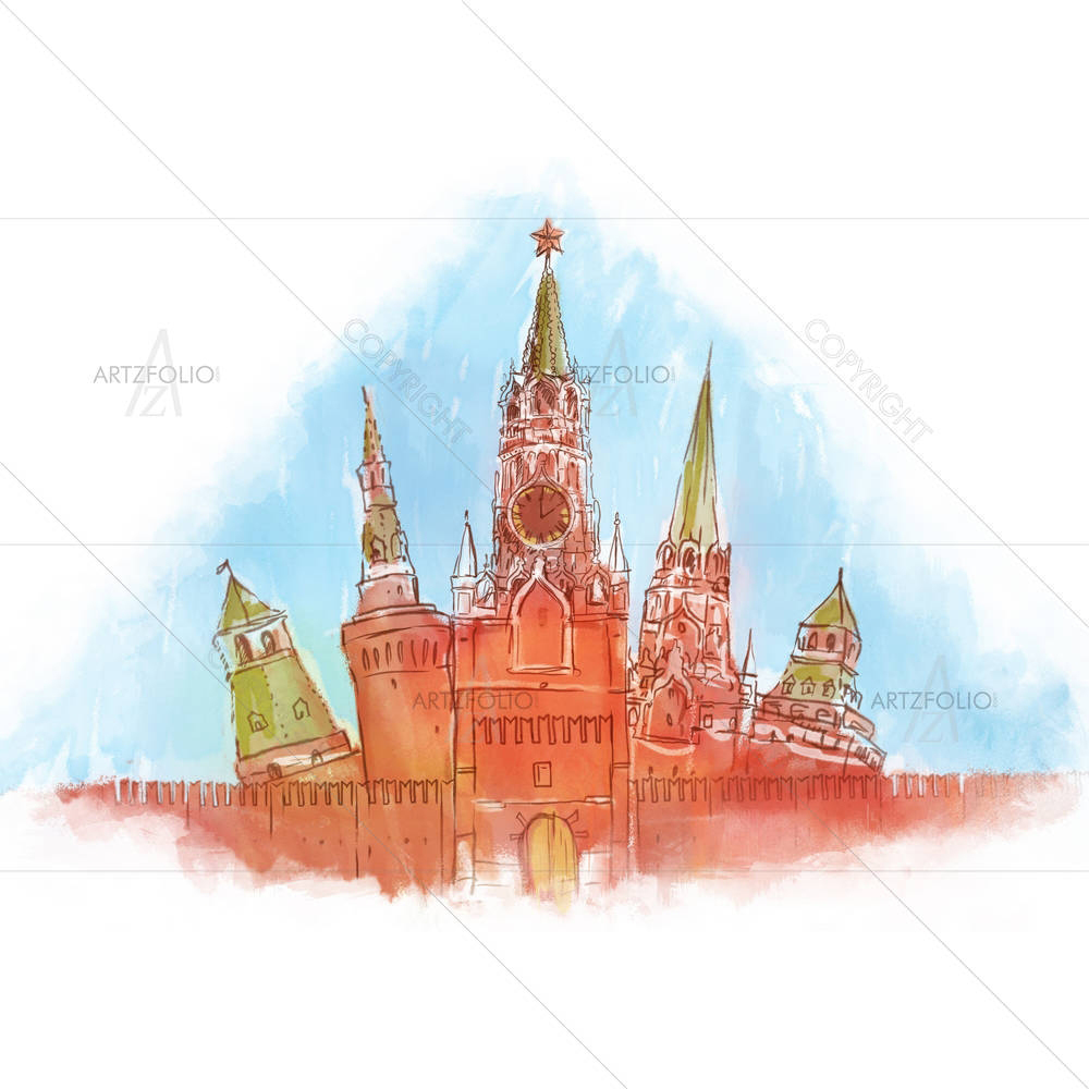 Russia Moscow Kremlin Watercolor — custom-size art design 5001779