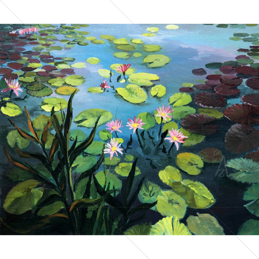 Colorful Pond With Beautiful Lotus — custom-size art design 5001836