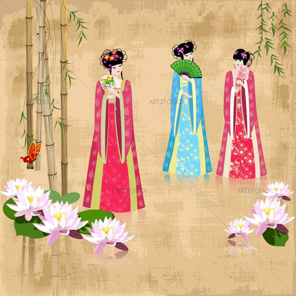 Chinese Girls At The Pond D3 — custom-size art design 5001839