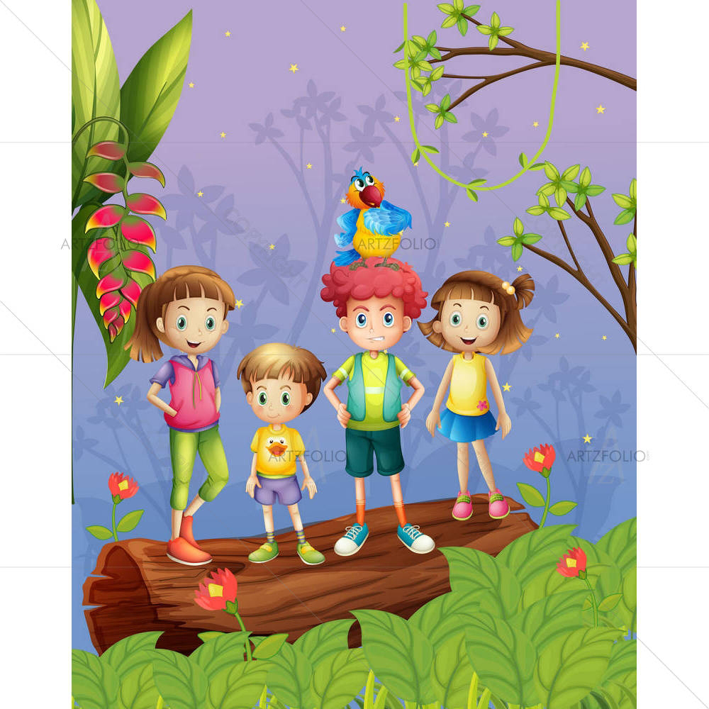 Children With Colorful Parrot — Botanical custom art by ArtzFolio
