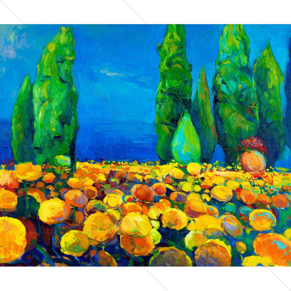 Green Trees & Yellow Flowers — Botanical custom art by ArtzFolio