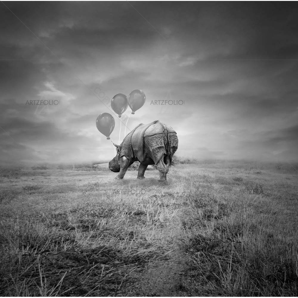 Artistic Rhino Back With Three Balloons — custom-size art design 5002031