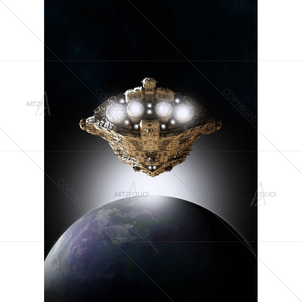 Spaceship In Orbit Around An Earthlike Planet — custom-size art design 5002066
