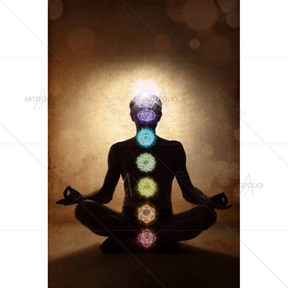 Man In Lotus Pose With Chakra Symbols — custom-size art design 5002072